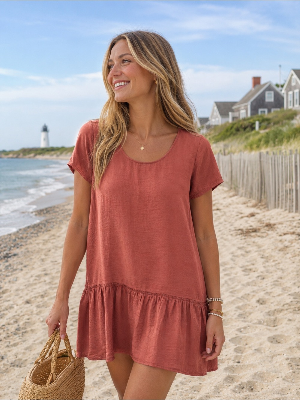 aerie Rust Midi Dress with Ruffle Hem